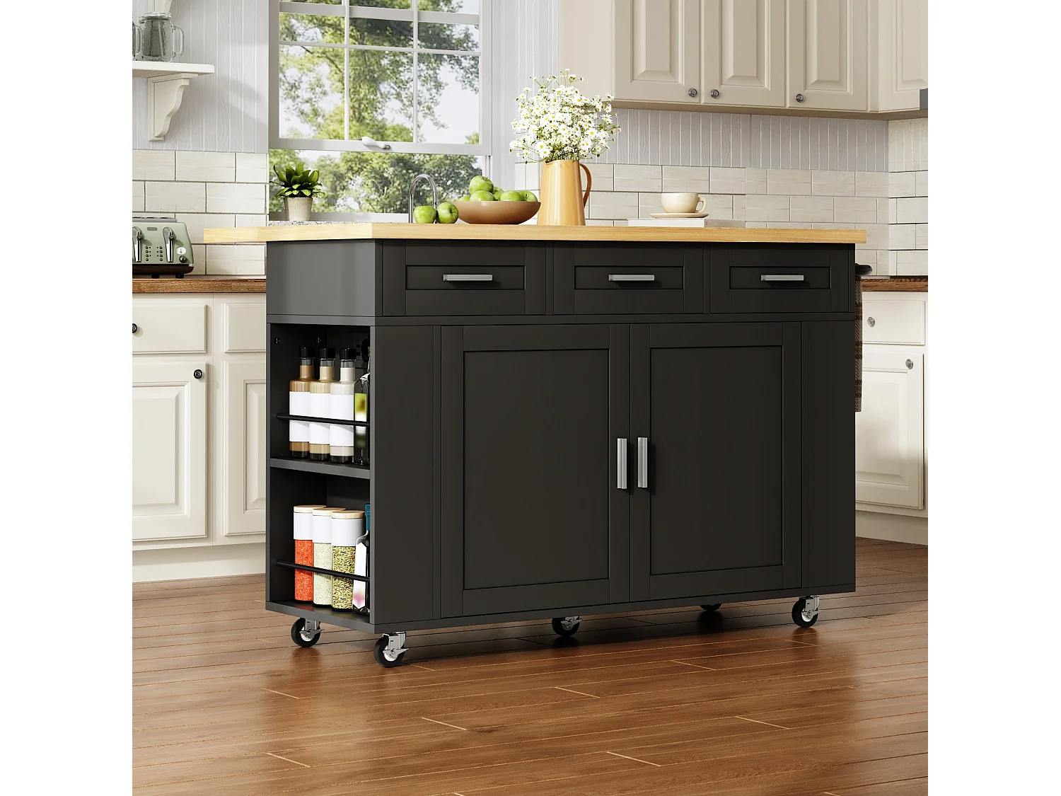 Isola da cucina su ruote con piano ribaltabile, 3 cassetti, 2 ante, prese di corrente e porte USB - MDF - 120 x 45 a 70 x 84 cm - Nero