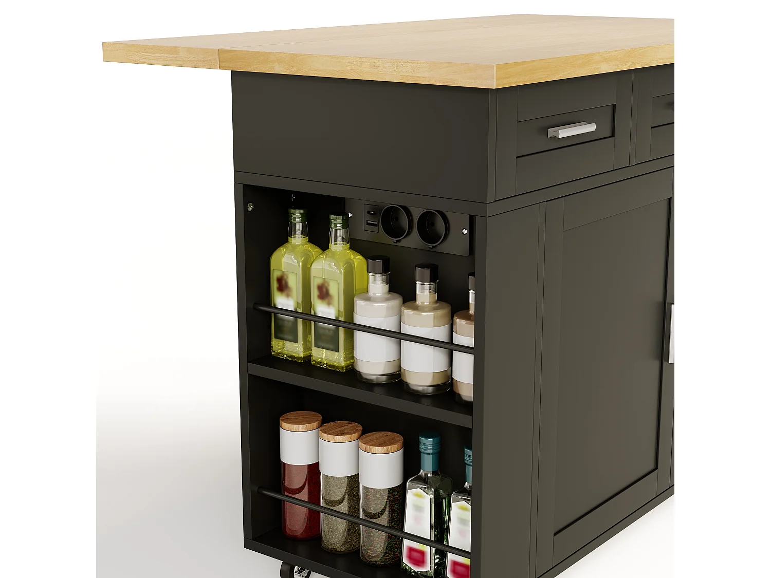 Isola da cucina su ruote con piano ribaltabile, 3 cassetti, 2 ante, prese di corrente e porte USB - MDF - 120 x 45 a 70 x 84 cm - Nero