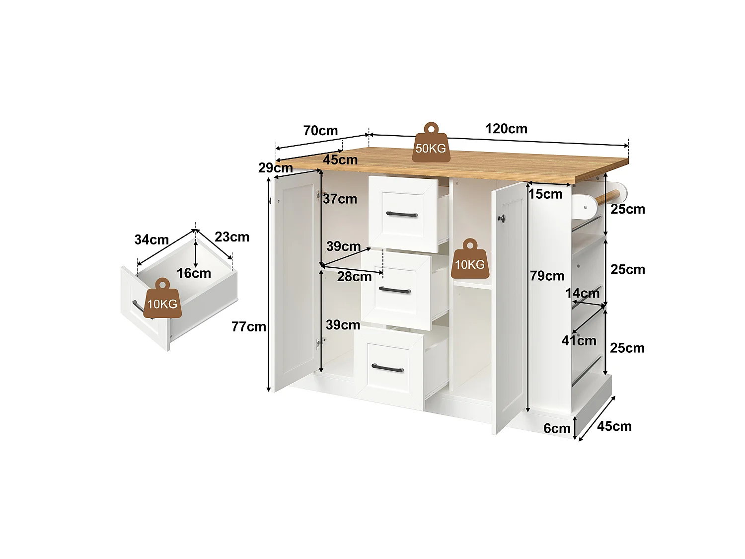 Îlot central de cuisine mobile avec plateau rabattable, 3 tiroirs et 2 portes - MDF et panneaux de particules - 120 x 70 x 90 cm - Blanc