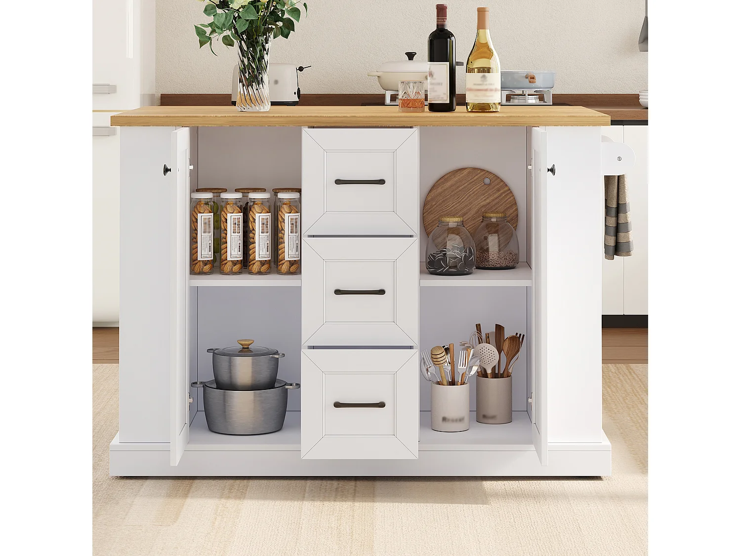 Îlot central de cuisine mobile avec plateau rabattable, 3 tiroirs et 2 portes - MDF et panneaux de particules - 120 x 70 x 90 cm - Blanc