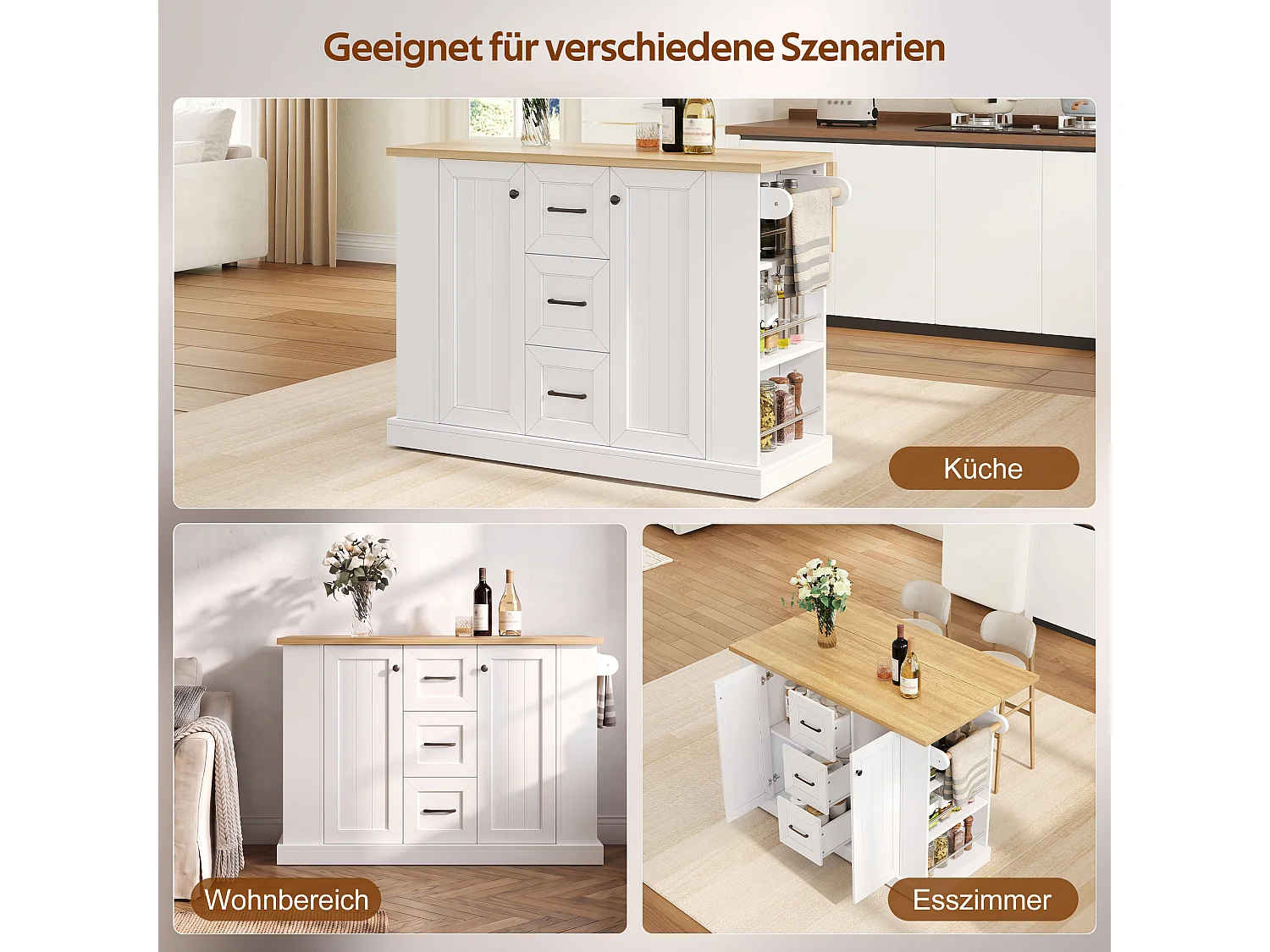 Îlot central de cuisine mobile avec plateau rabattable, 3 tiroirs et 2 portes - MDF et panneaux de particules - 120 x 70 x 90 cm - Blanc