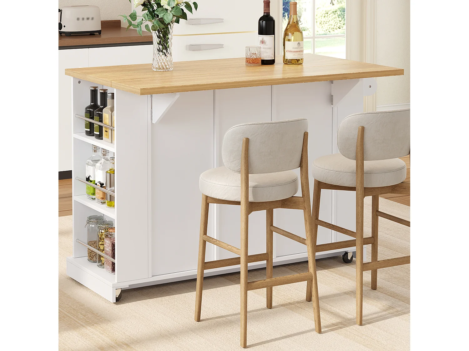 Îlot central de cuisine mobile avec plateau rabattable, 3 tiroirs et 2 portes - MDF et panneaux de particules - 120 x 70 x 90 cm - Blanc