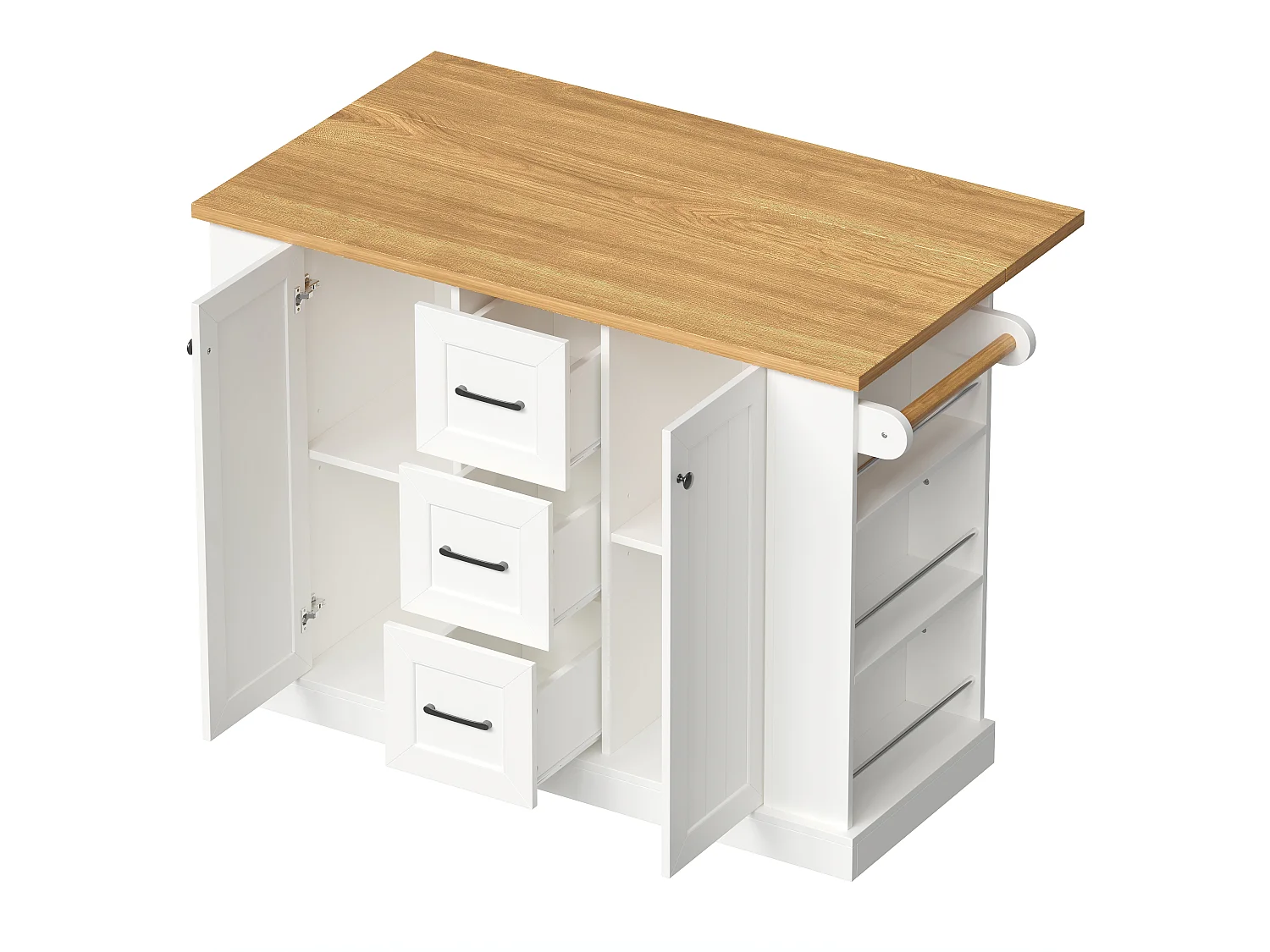 Îlot central de cuisine mobile avec plateau rabattable, 3 tiroirs et 2 portes - MDF et panneaux de particules - 120 x 70 x 90 cm - Blanc