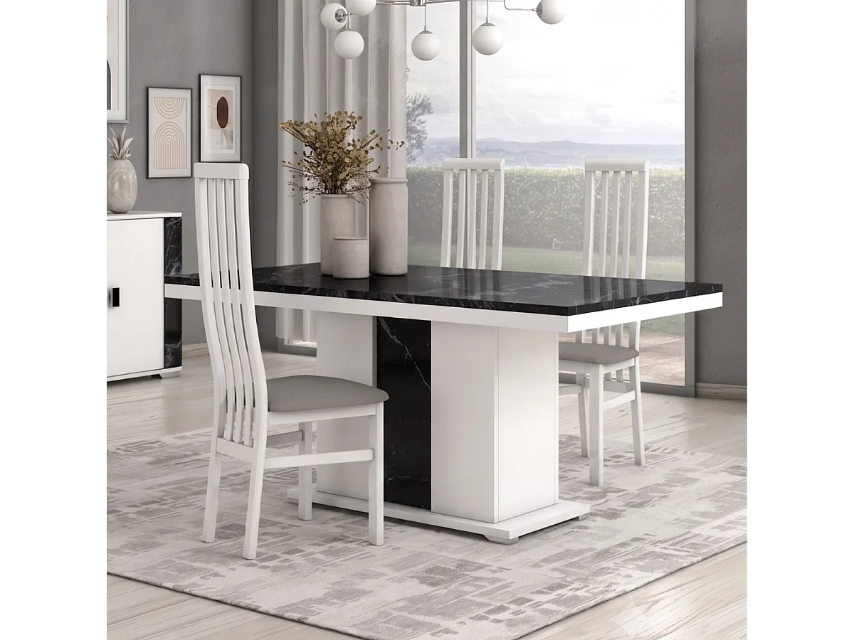 Table repas rectangulaire pied central blanc et aspect marbre noir - TAHOE