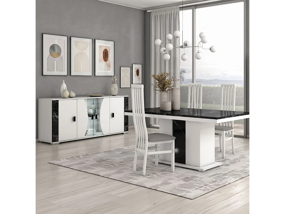 Table repas rectangulaire pied central blanc et aspect marbre noir - TAHOE