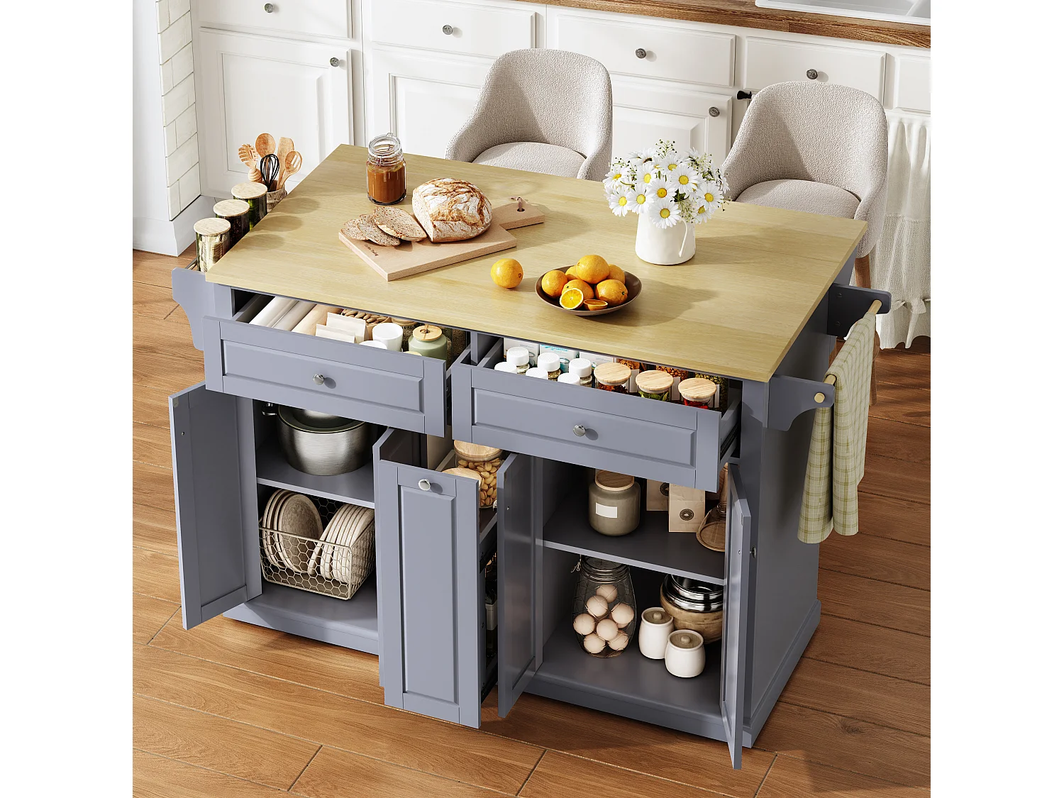 Kücheninsel auf Rollen mit klappbarer Arbeitsplatte, 2 Schubladen, 4 Türen und Gewürzregal – MDF – 121 x 49 bis 69 x 89 cm – Grau