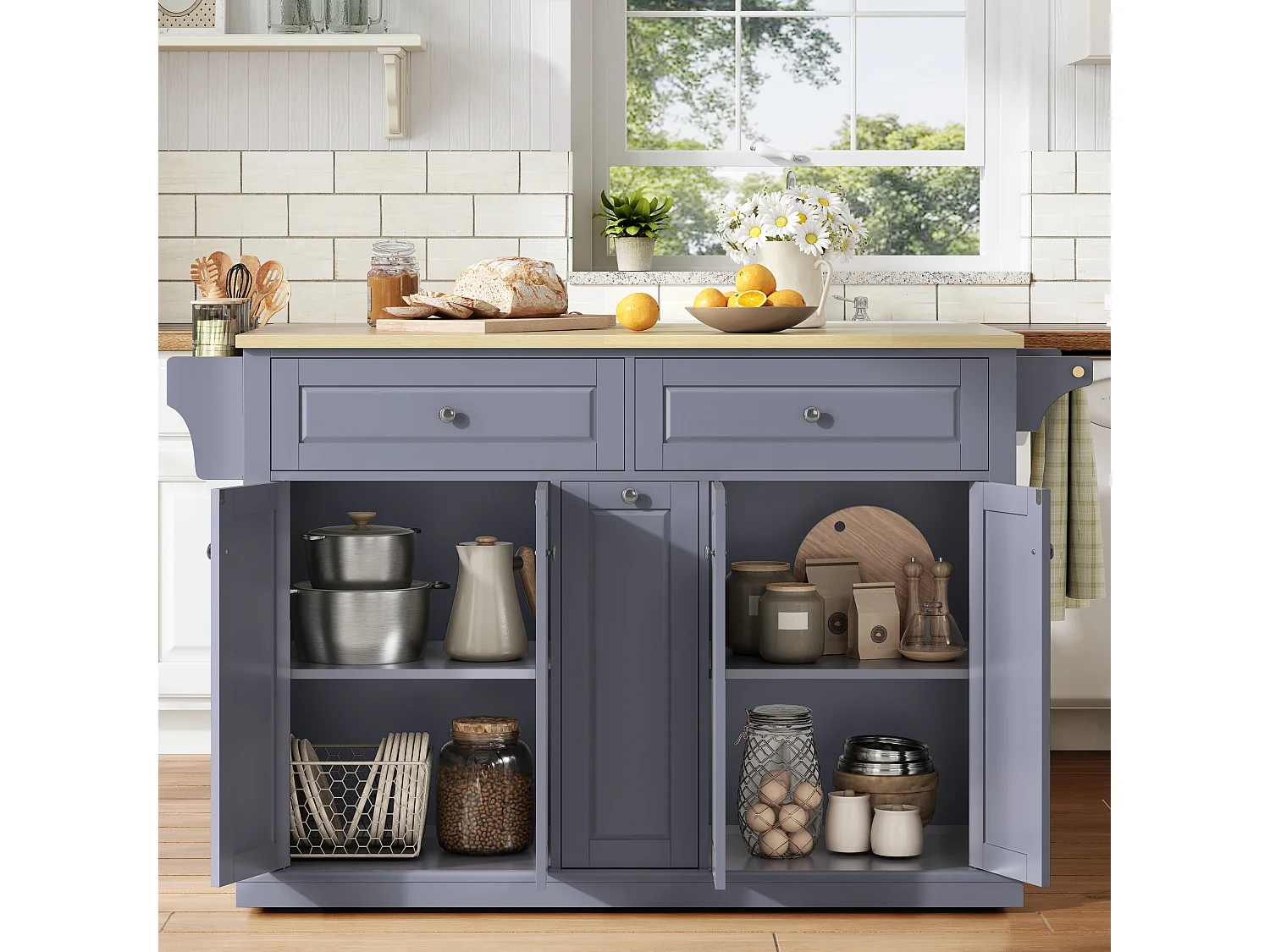 Kücheninsel auf Rollen mit klappbarer Arbeitsplatte, 2 Schubladen, 4 Türen und Gewürzregal – MDF – 121 x 49 bis 69 x 89 cm – Grau