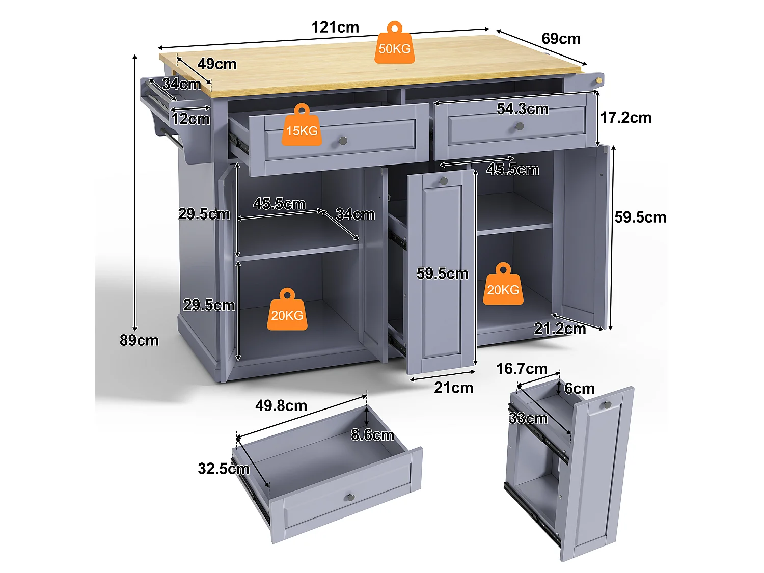 Kücheninsel auf Rollen mit klappbarer Arbeitsplatte, 2 Schubladen, 4 Türen und Gewürzregal – MDF – 121 x 49 bis 69 x 89 cm – Grau