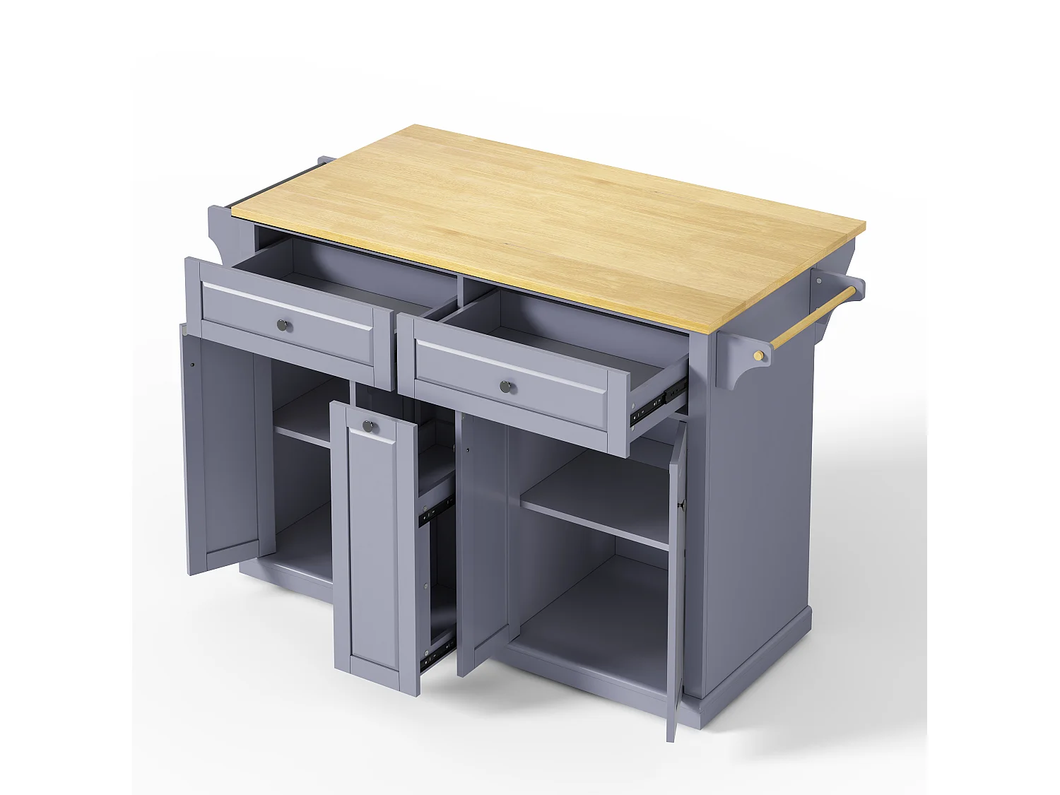 Kücheninsel auf Rollen mit klappbarer Arbeitsplatte, 2 Schubladen, 4 Türen und Gewürzregal – MDF – 121 x 49 bis 69 x 89 cm – Grau