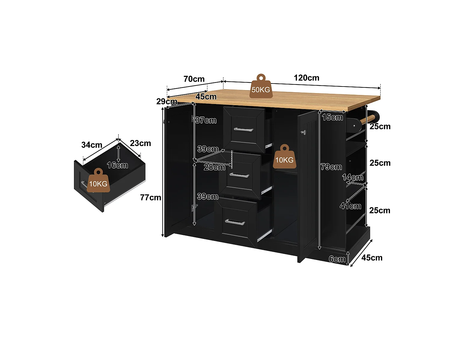Îlot central de cuisine mobile avec plateau rabattable, 3 tiroirs et 2 portes - MDF et panneaux de particules - 120 x 70 x 90 cm - Noir