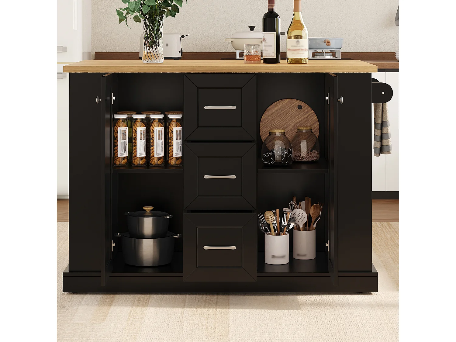 Îlot central de cuisine mobile avec plateau rabattable, 3 tiroirs et 2 portes - MDF et panneaux de particules - 120 x 70 x 90 cm - Noir