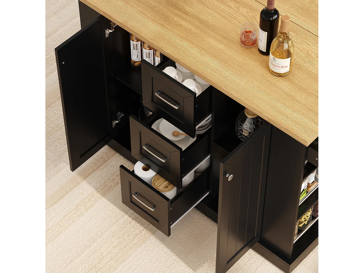 Îlot central de cuisine mobile avec plateau rabattable, 3 tiroirs et 2 portes - MDF et panneaux de particules - 120 x 70 x 90 cm - Noir