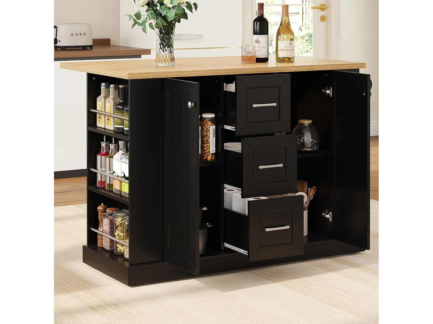 Îlot central de cuisine mobile avec plateau rabattable, 3 tiroirs et 2 portes - MDF et panneaux de particules - 120 x 70 x 90 cm - Noir