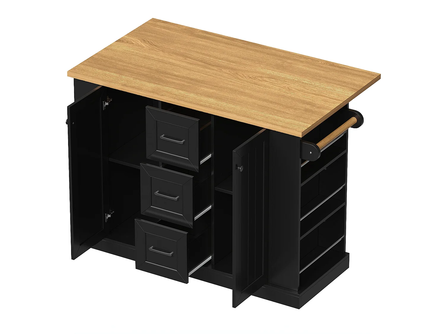 Îlot central de cuisine mobile avec plateau rabattable, 3 tiroirs et 2 portes - MDF et panneaux de particules - 120 x 70 x 90 cm - Noir