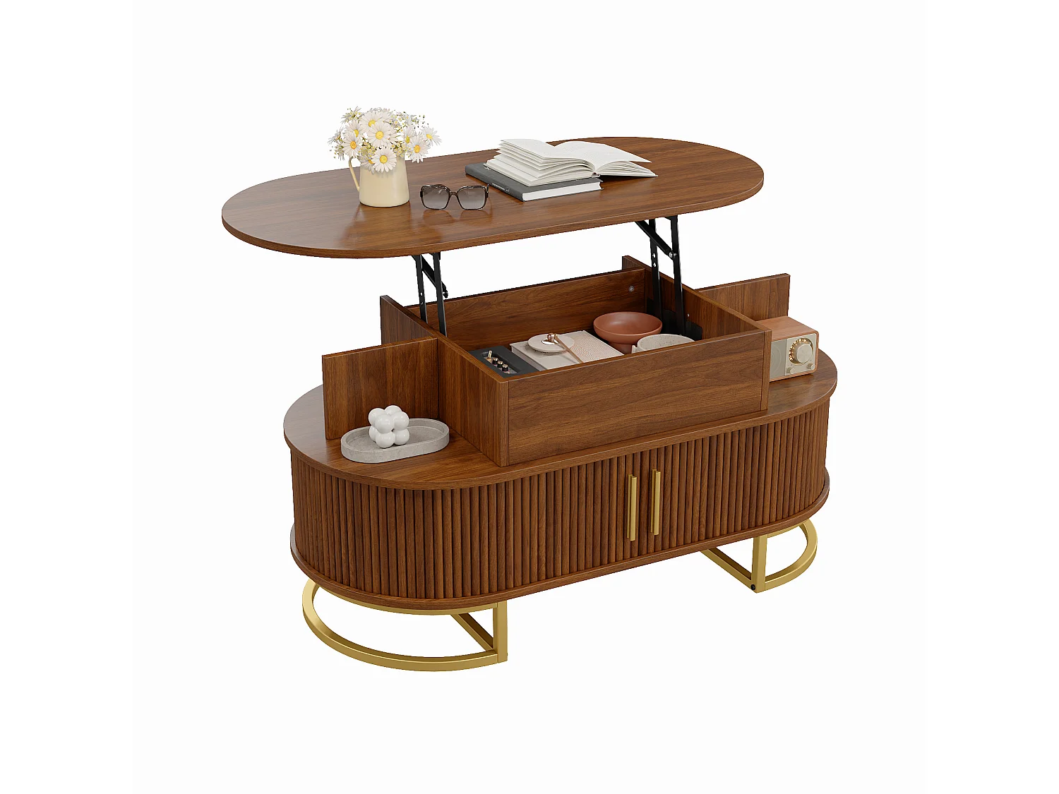 Table basse ovale à plateau relevable avec 2 portes coulissantes rainurées - MDF et métal - 100 x 50 x 64 cm - Noyer
