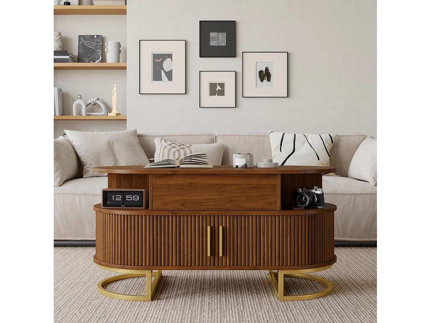 Table basse ovale à plateau relevable avec 2 portes coulissantes rainurées - MDF et métal - 100 x 50 x 64 cm - Noyer