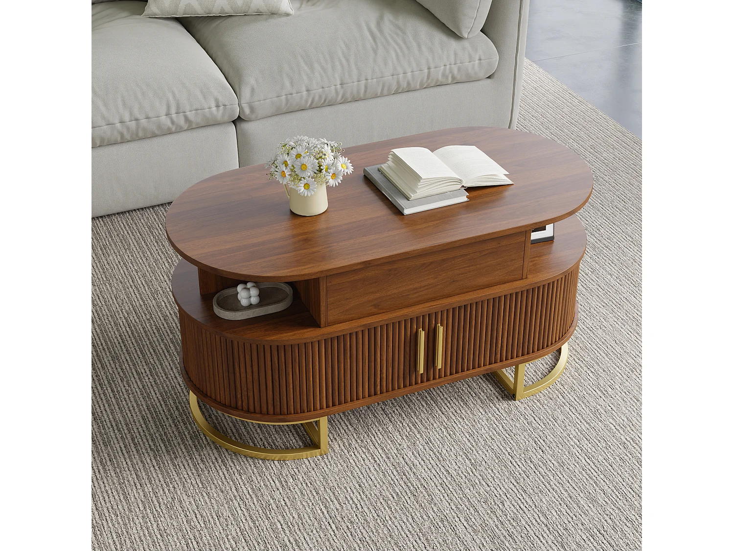 Table basse ovale à plateau relevable avec 2 portes coulissantes rainurées - MDF et métal - 100 x 50 x 64 cm - Noyer