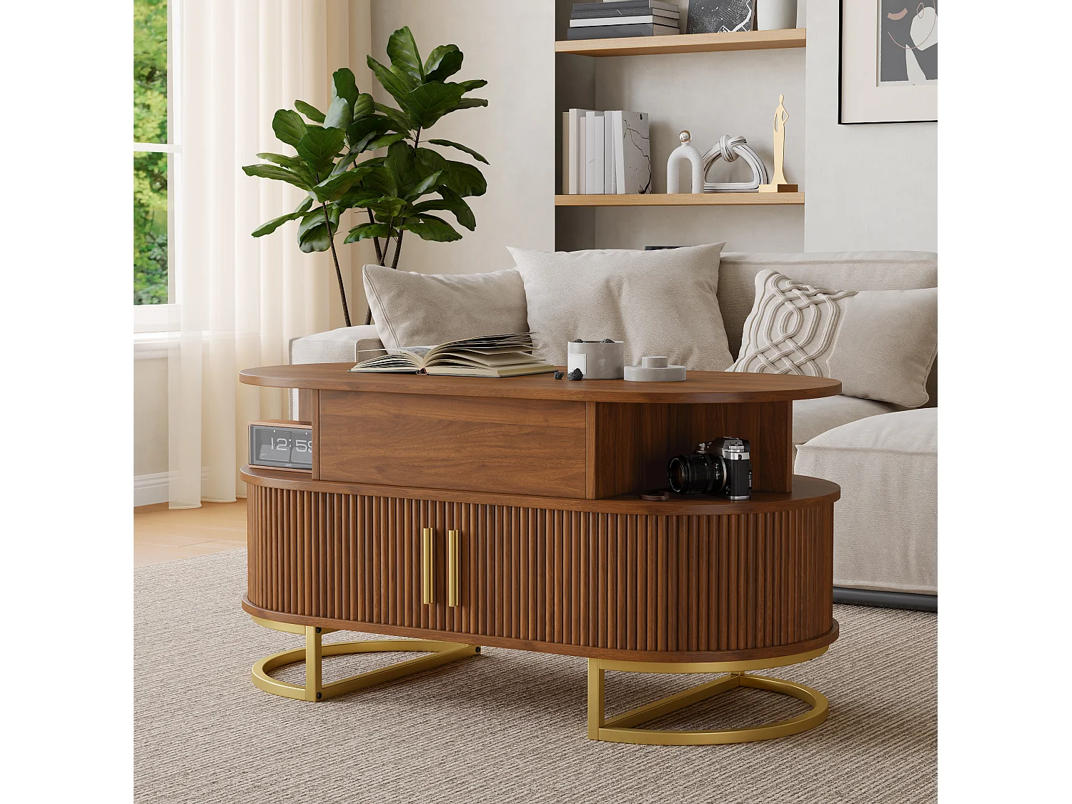 Table basse ovale à plateau relevable avec 2 portes coulissantes rainurées - MDF et métal - 100 x 50 x 64 cm - Noyer