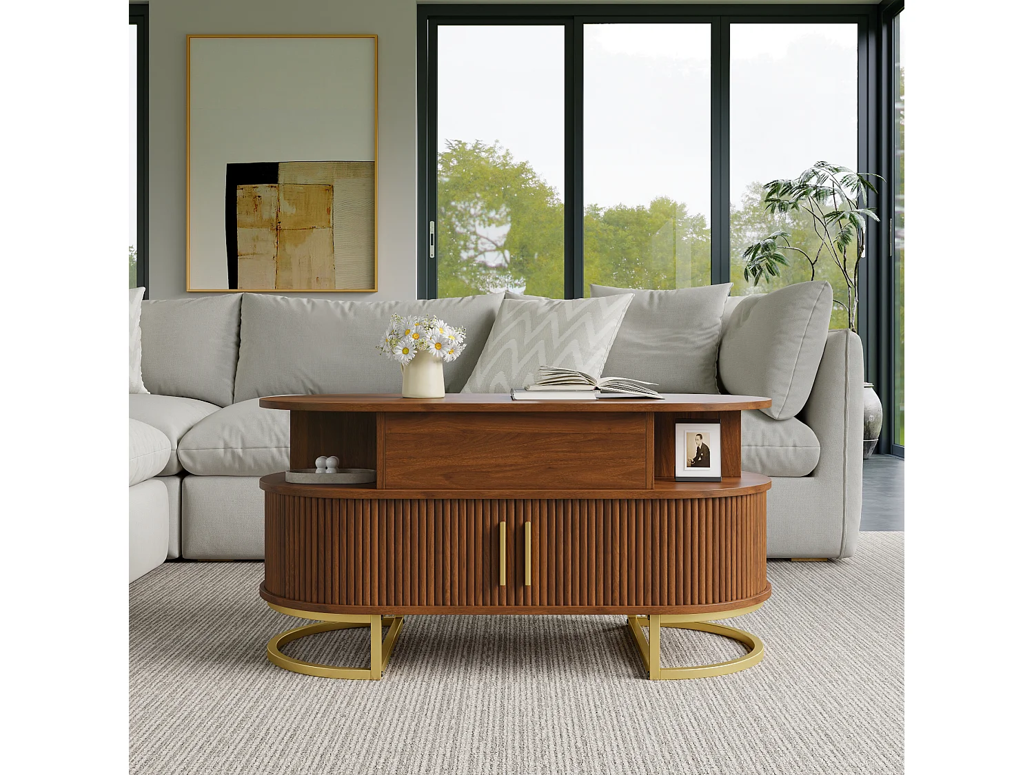 Table basse ovale à plateau relevable avec 2 portes coulissantes rainurées - MDF et métal - 100 x 50 x 64 cm - Noyer