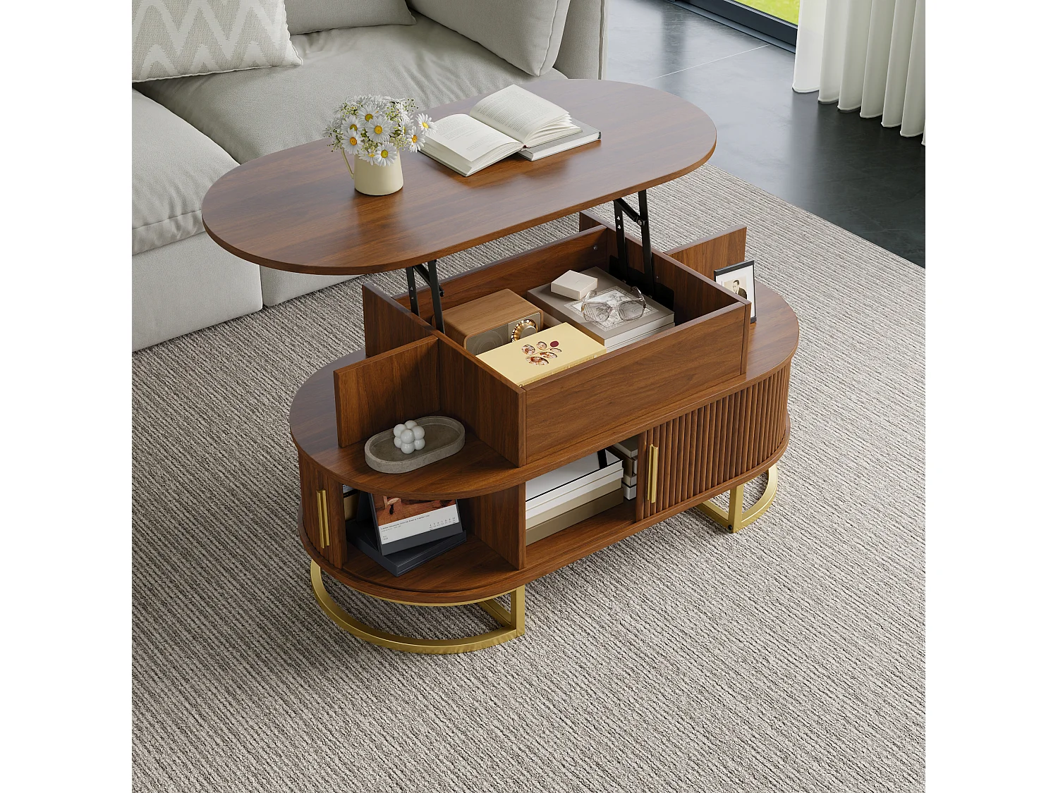 Table basse ovale à plateau relevable avec 2 portes coulissantes rainurées - MDF et métal - 100 x 50 x 64 cm - Noyer