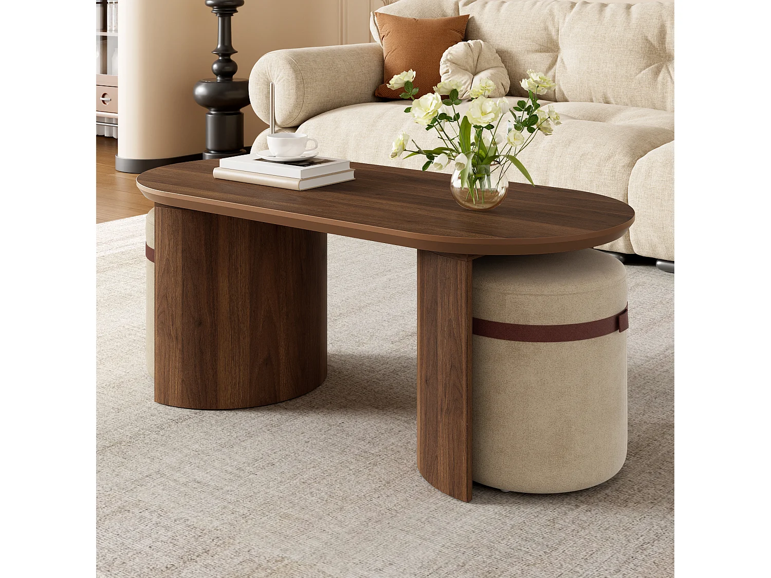 Table basse ovale avec 2 tabourets rembourrés intégrés - MDF et pin - 108 x 50 x 44 cm - Noyer