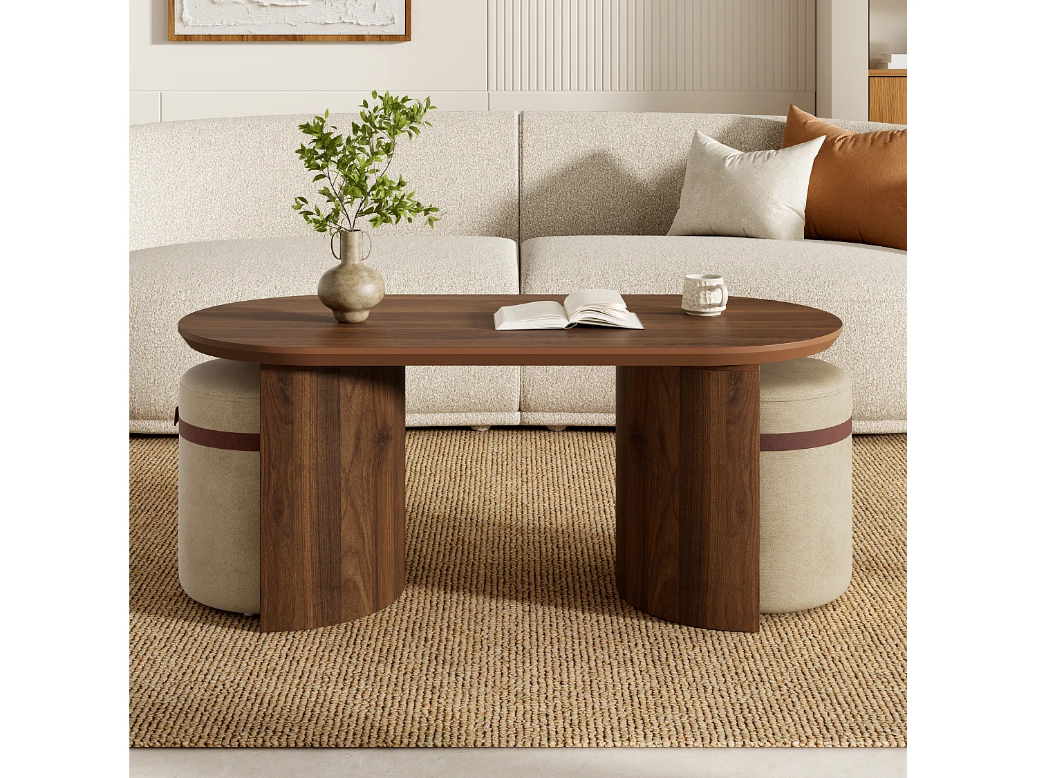 Table basse ovale avec 2 tabourets rembourrés intégrés - MDF et pin - 108 x 50 x 44 cm - Noyer