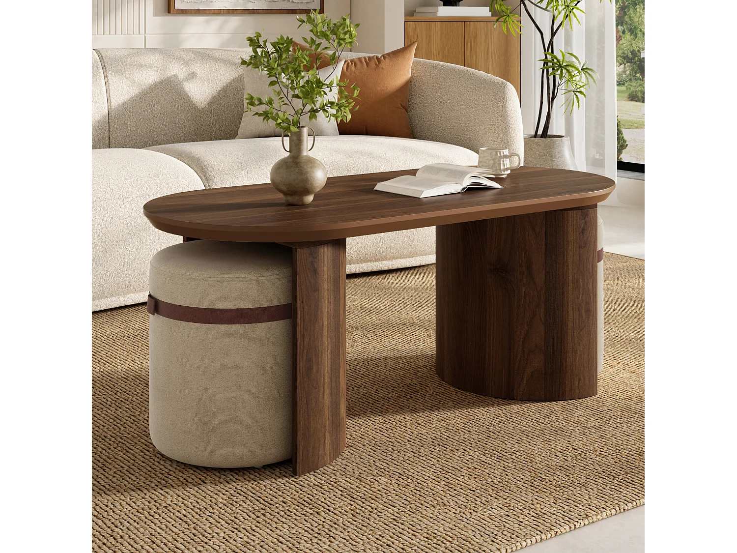 Table basse ovale avec 2 tabourets rembourrés intégrés - MDF et pin - 108 x 50 x 44 cm - Noyer