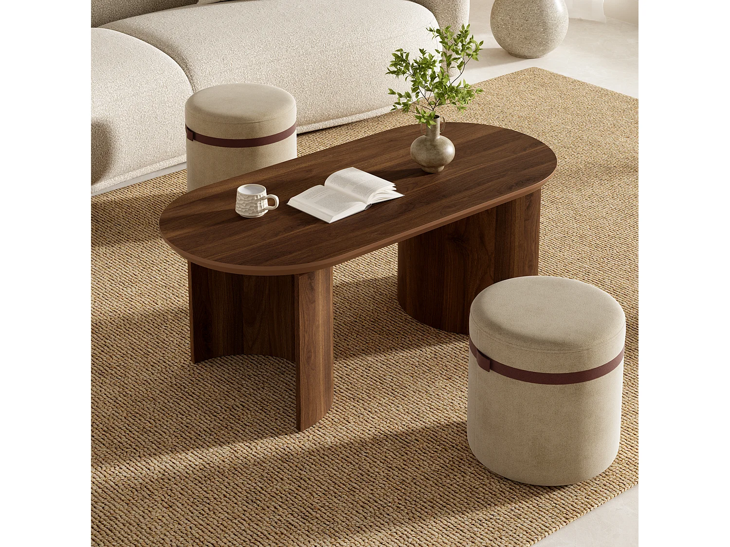 Table basse ovale avec 2 tabourets rembourrés intégrés - MDF et pin - 108 x 50 x 44 cm - Noyer