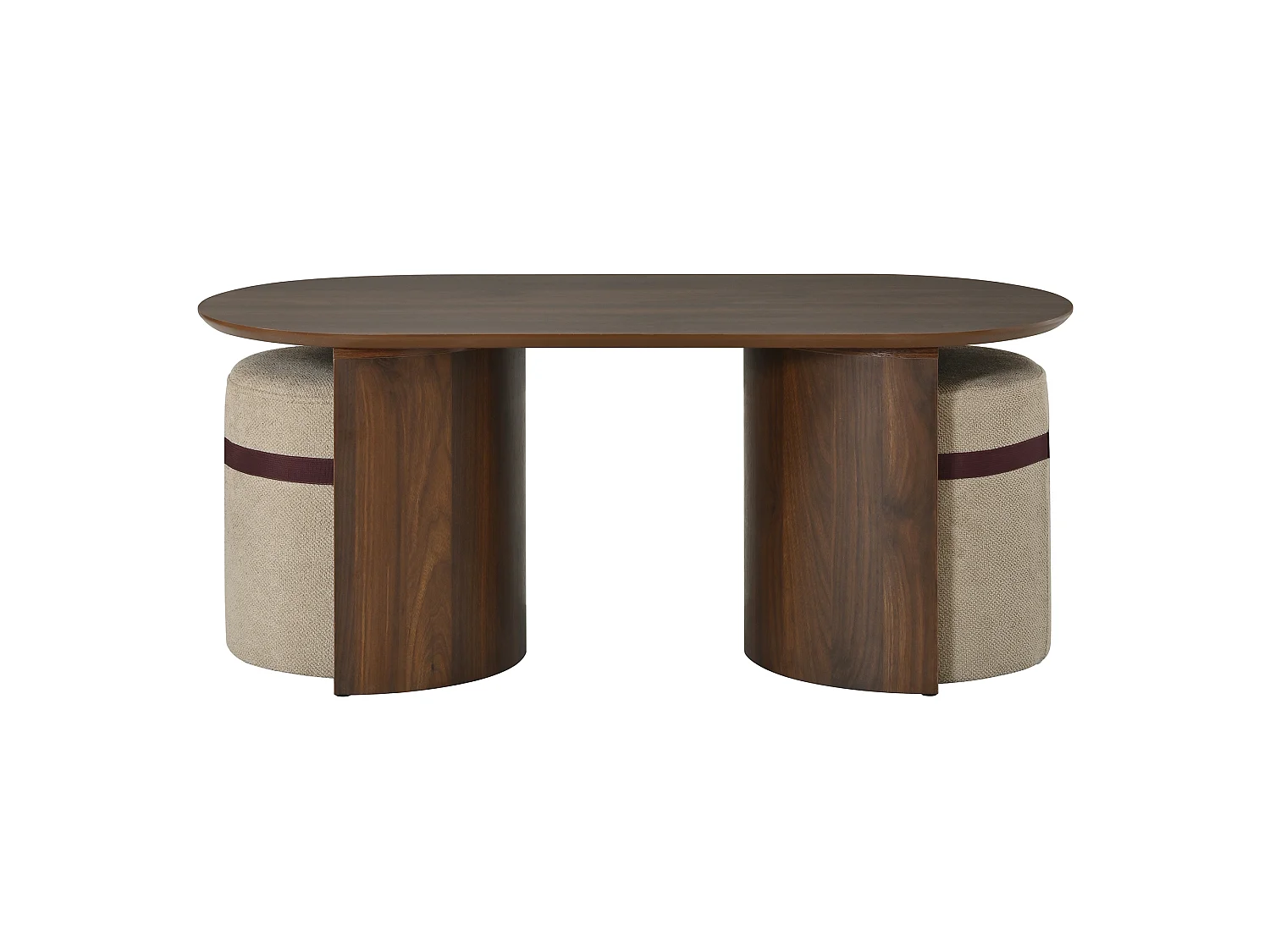 Table basse ovale avec 2 tabourets rembourrés intégrés - MDF et pin - 108 x 50 x 44 cm - Noyer