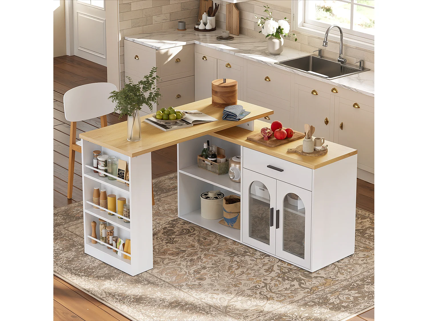 Kücheninsel mit 360° drehbarer Arbeitsplatte, 1 Schublade und 2 Glastüren – MDF und Sicherheitsglas – 136 x 50 x 78 cm – Weiß