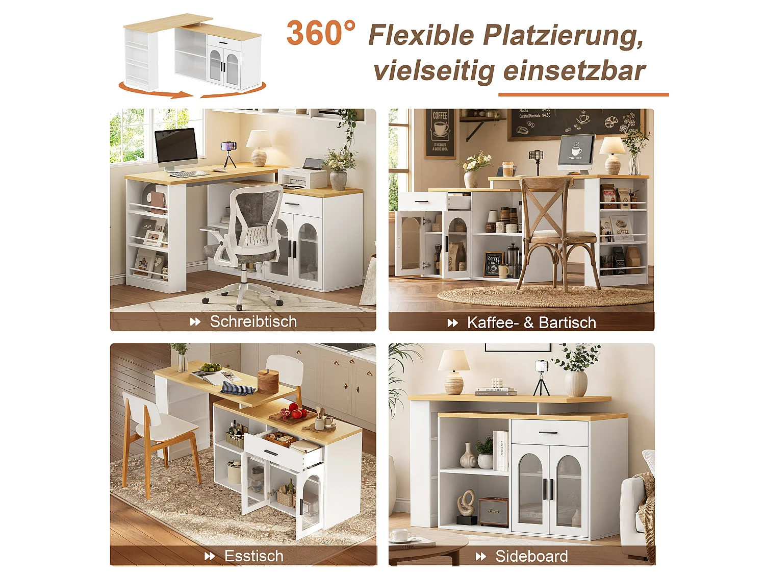 Kücheninsel mit 360° drehbarer Arbeitsplatte, 1 Schublade und 2 Glastüren – MDF und Sicherheitsglas – 136 x 50 x 78 cm – Weiß
