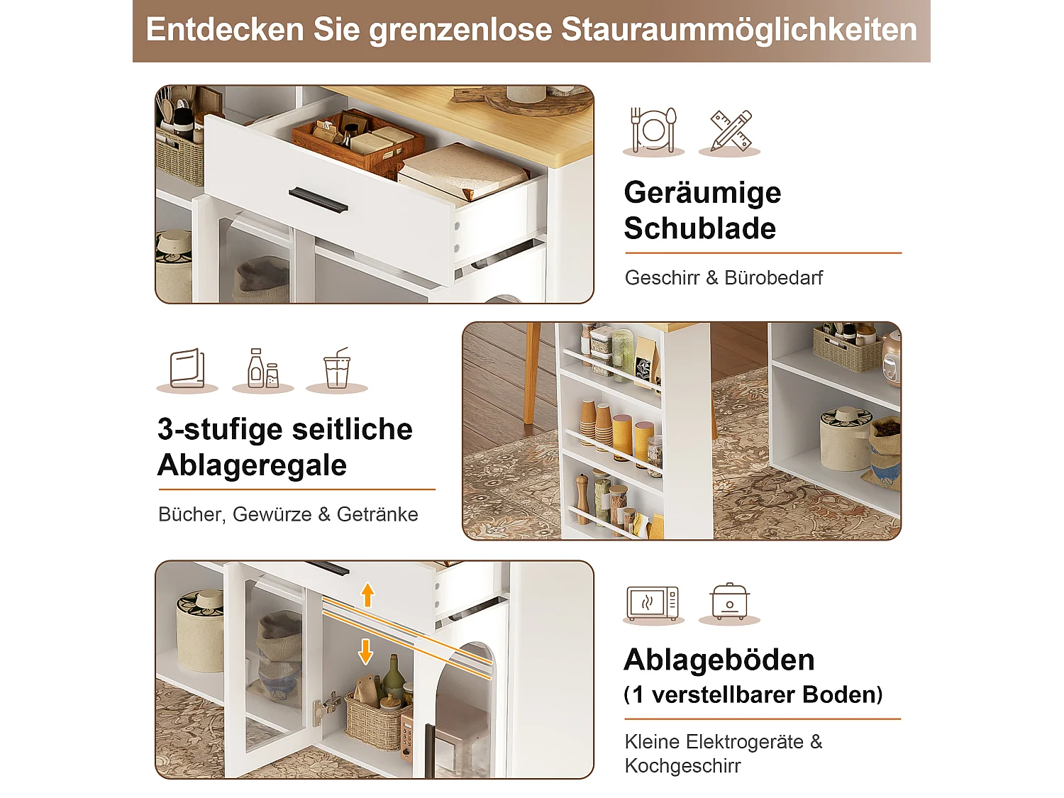 Kücheninsel mit 360° drehbarer Arbeitsplatte, 1 Schublade und 2 Glastüren – MDF und Sicherheitsglas – 136 x 50 x 78 cm – Weiß