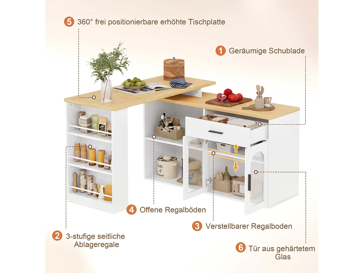 Kücheninsel mit 360° drehbarer Arbeitsplatte, 1 Schublade und 2 Glastüren – MDF und Sicherheitsglas – 136 x 50 x 78 cm – Weiß