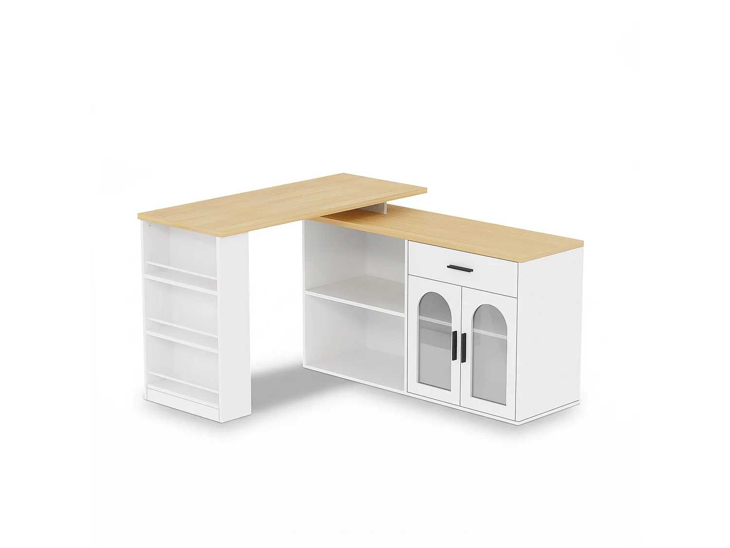 Kücheninsel mit 360° drehbarer Arbeitsplatte, 1 Schublade und 2 Glastüren – MDF und Sicherheitsglas – 136 x 50 x 78 cm – Weiß