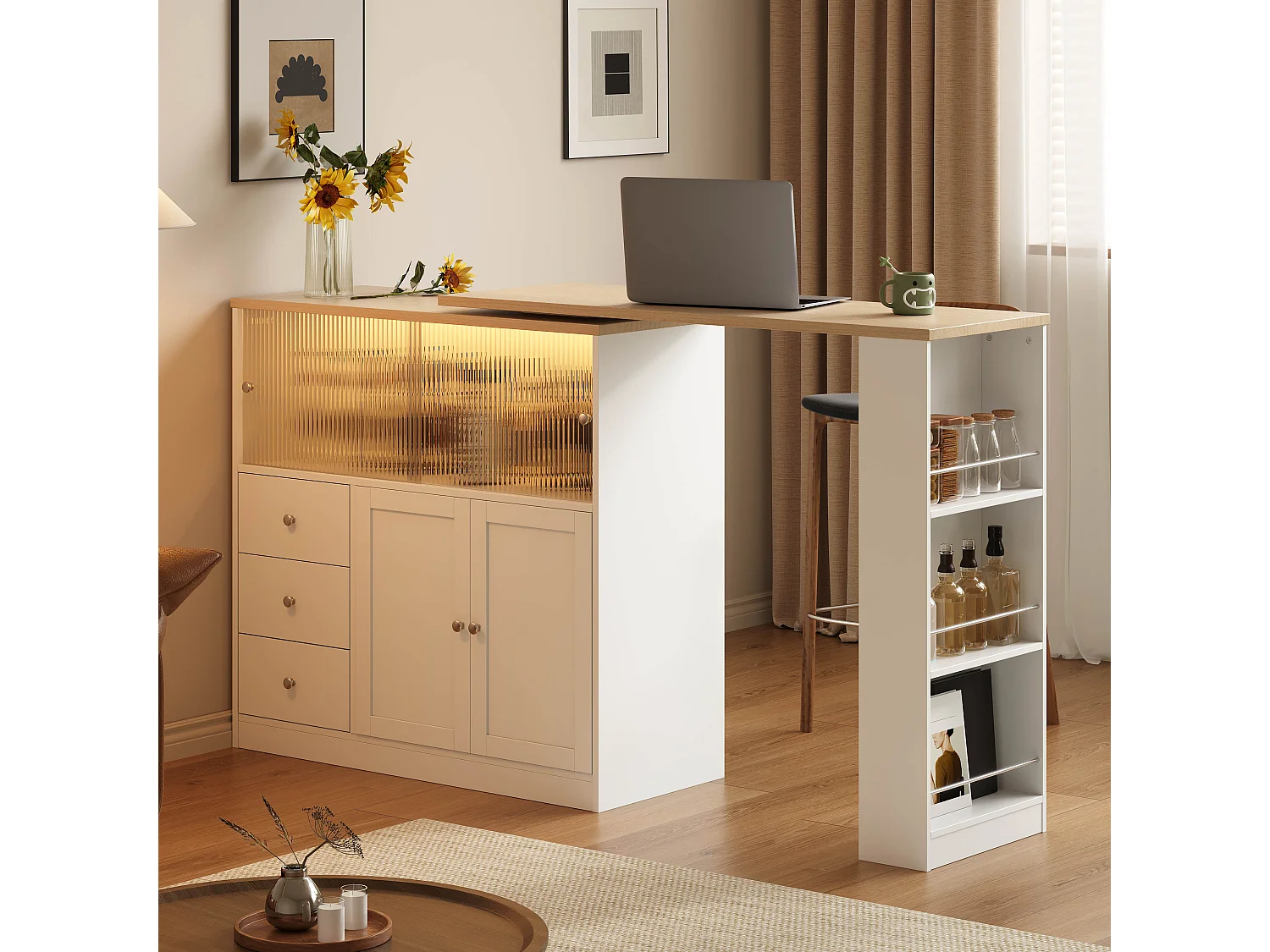 Extendable kitchen island with rotating top, 3 drawers, 4 doors and RGB LED lighting - MDF and tempered glass - 115 to 172 x 40 x 96 cm - White