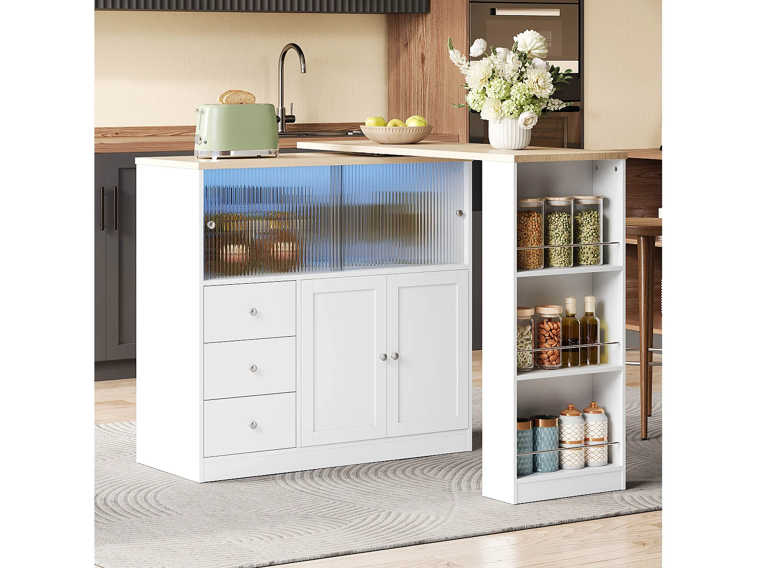 Extendable kitchen island with rotating top, 3 drawers, 4 doors and RGB LED lighting - MDF and tempered glass - 115 to 172 x 40 x 96 cm - White