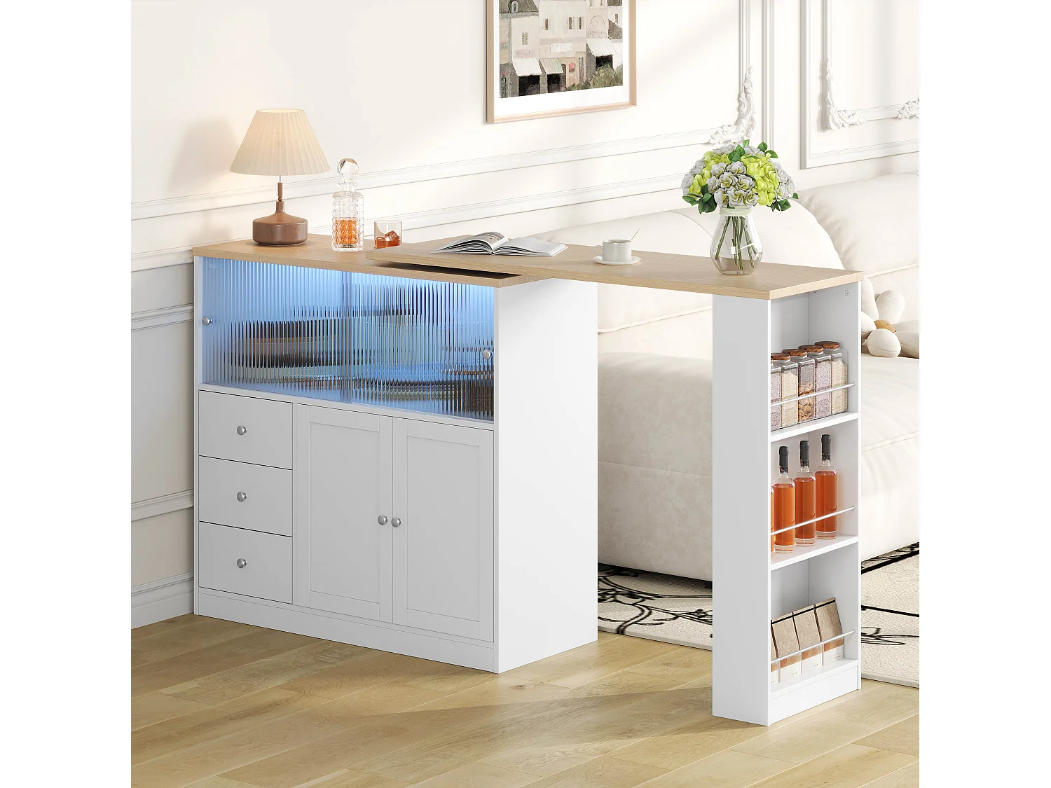 Extendable kitchen island with rotating top, 3 drawers, 4 doors and RGB LED lighting - MDF and tempered glass - 115 to 172 x 40 x 96 cm - White