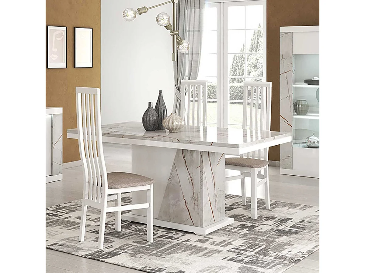 Table repas pied central blanche et aspect marbre gris-brun - NERVY