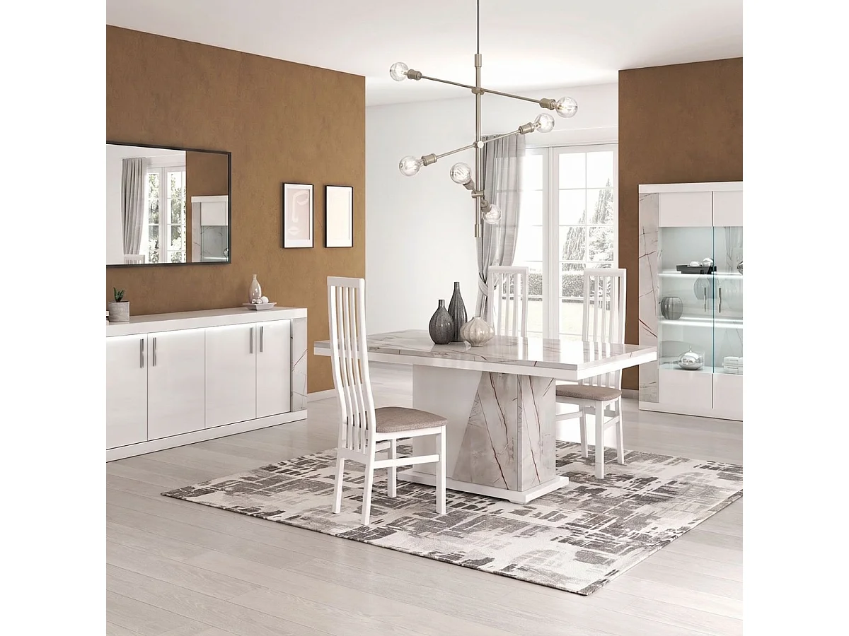 Table repas pied central blanche et aspect marbre gris-brun - NERVY