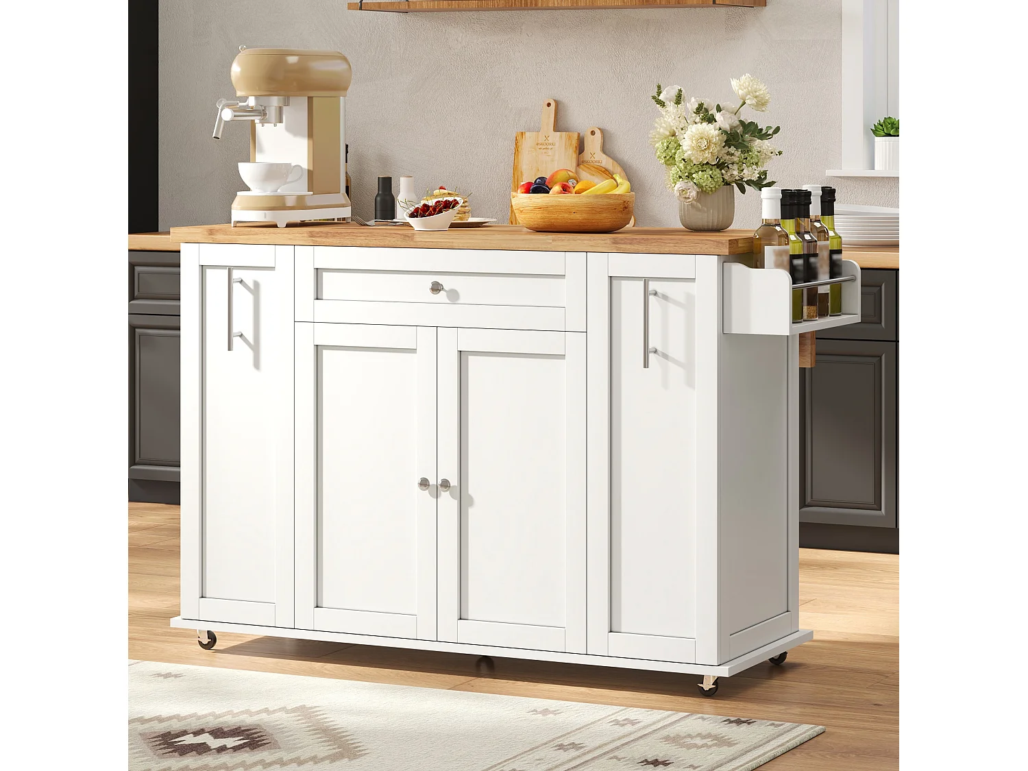 Kücheninsel auf Rollen mit klappbarer Arbeitsplatte, 3 Schubladen und 2 Türen – MDF – 120 x 45 bis 70 x 87 cm – Weiß