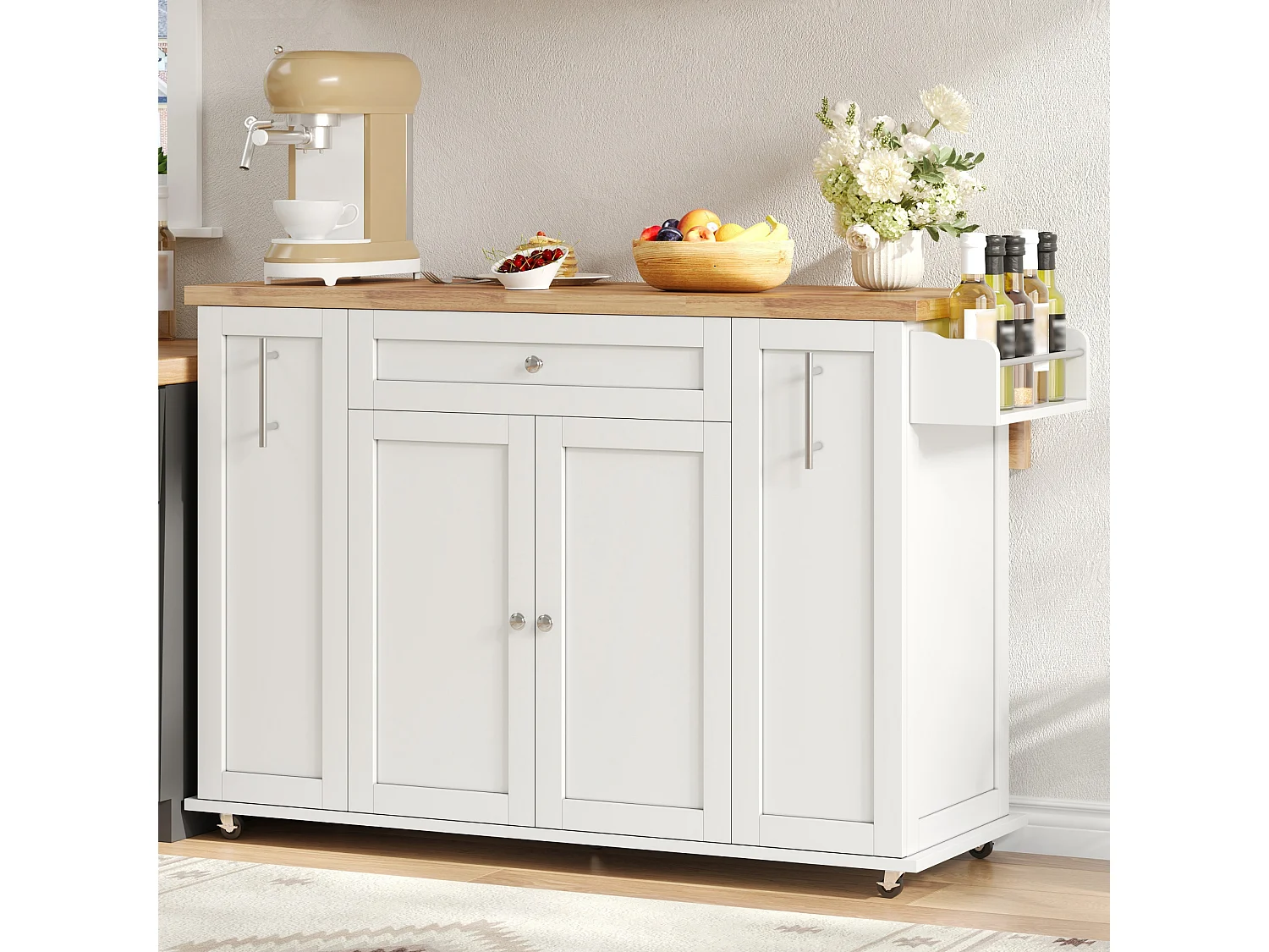 Kücheninsel auf Rollen mit klappbarer Arbeitsplatte, 3 Schubladen und 2 Türen – MDF – 120 x 45 bis 70 x 87 cm – Weiß
