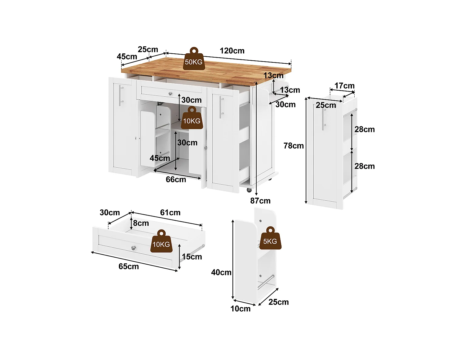 Kücheninsel auf Rollen mit klappbarer Arbeitsplatte, 3 Schubladen und 2 Türen – MDF – 120 x 45 bis 70 x 87 cm – Weiß