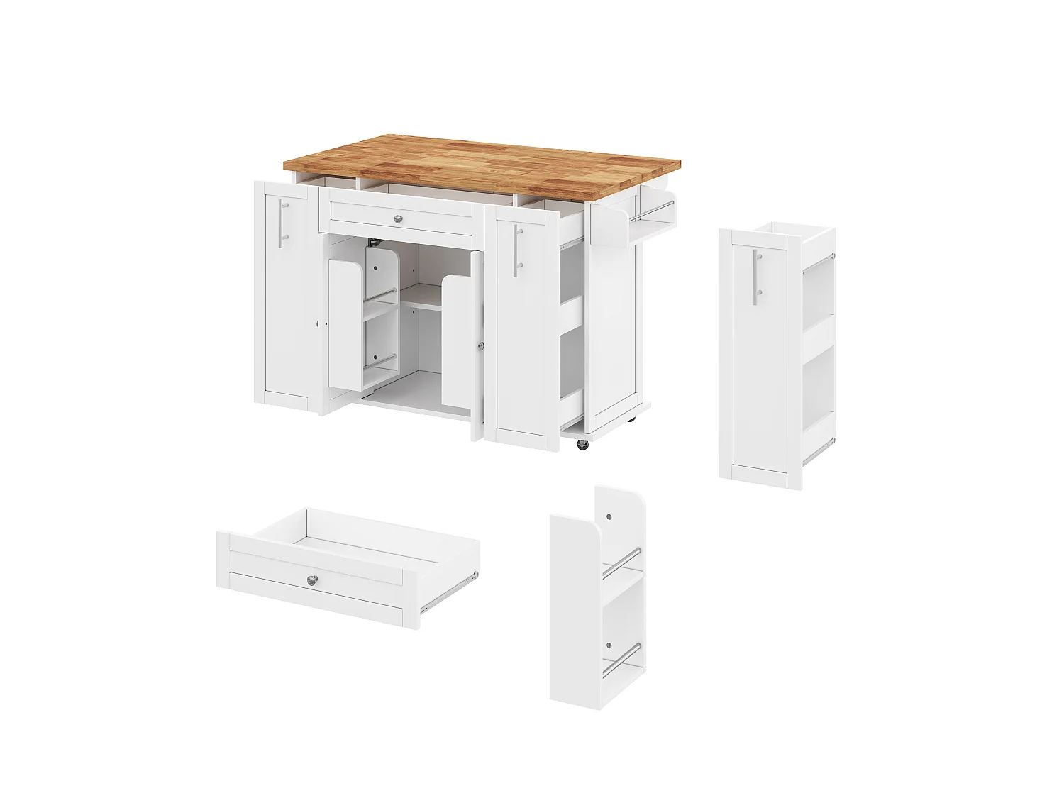 Kücheninsel auf Rollen mit klappbarer Arbeitsplatte, 3 Schubladen und 2 Türen – MDF – 120 x 45 bis 70 x 87 cm – Weiß