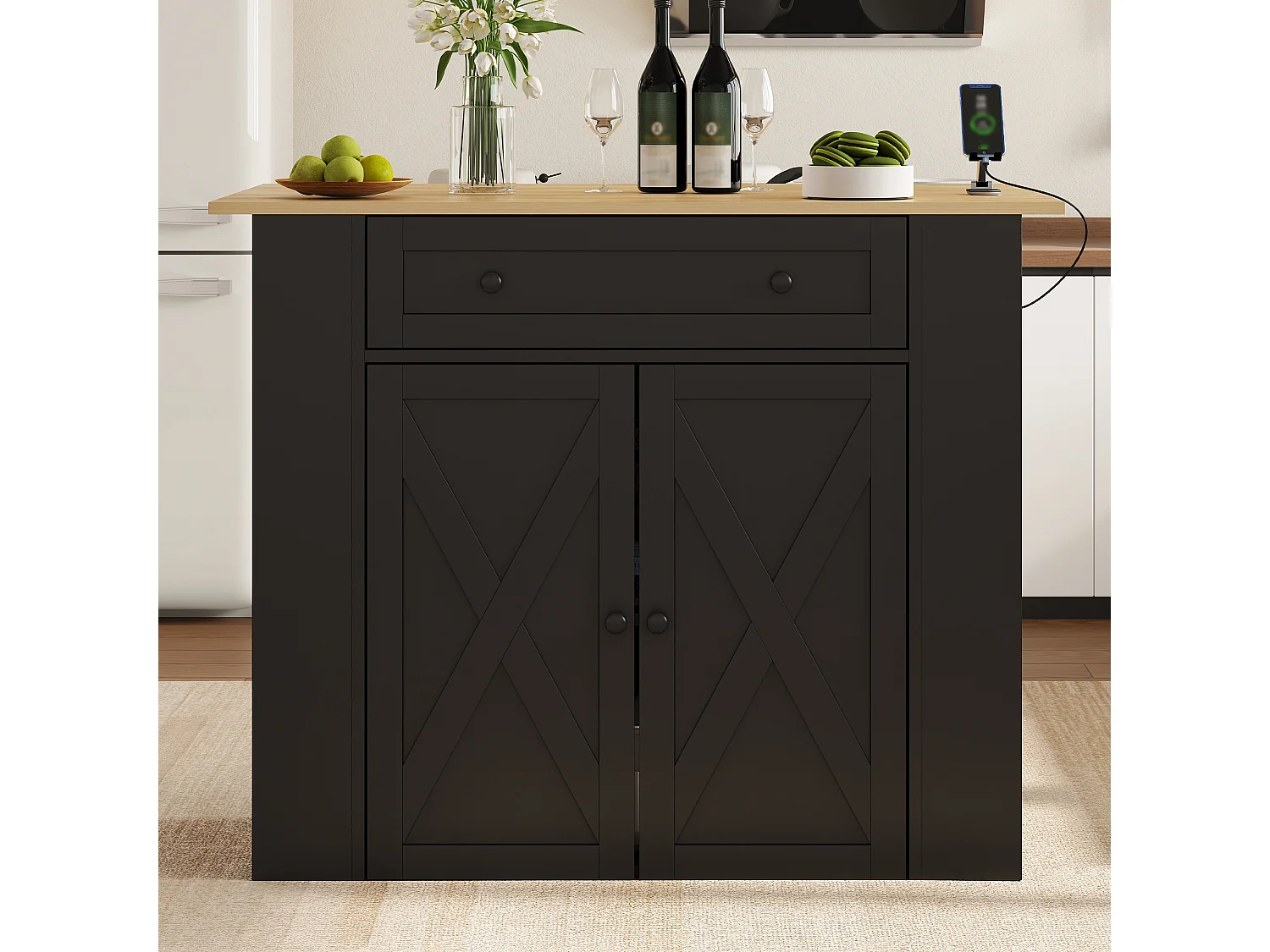 Køkkenø med nedfældbar top, 1 skuffe, hylder, stikkontakter og USB-porte - MDF og spånplade - 120 x 47/75 x 97 cm - Sort