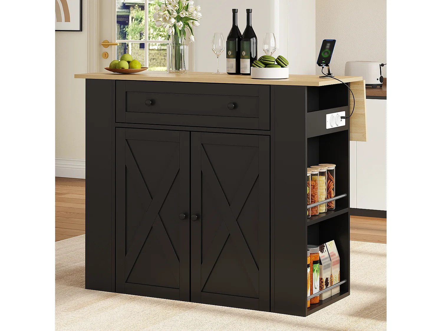 Køkkenø med nedfældbar top, 1 skuffe, hylder, stikkontakter og USB-porte - MDF og spånplade - 120 x 47/75 x 97 cm - Sort