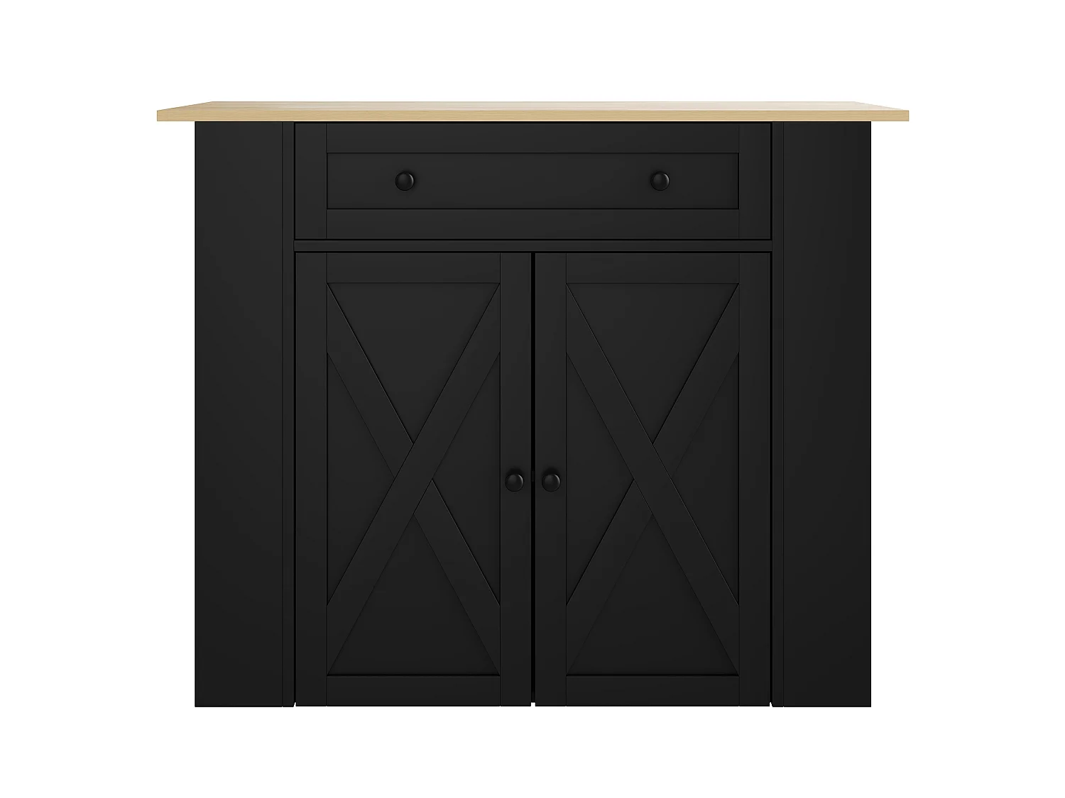Køkkenø med nedfældbar top, 1 skuffe, hylder, stikkontakter og USB-porte - MDF og spånplade - 120 x 47/75 x 97 cm - Sort