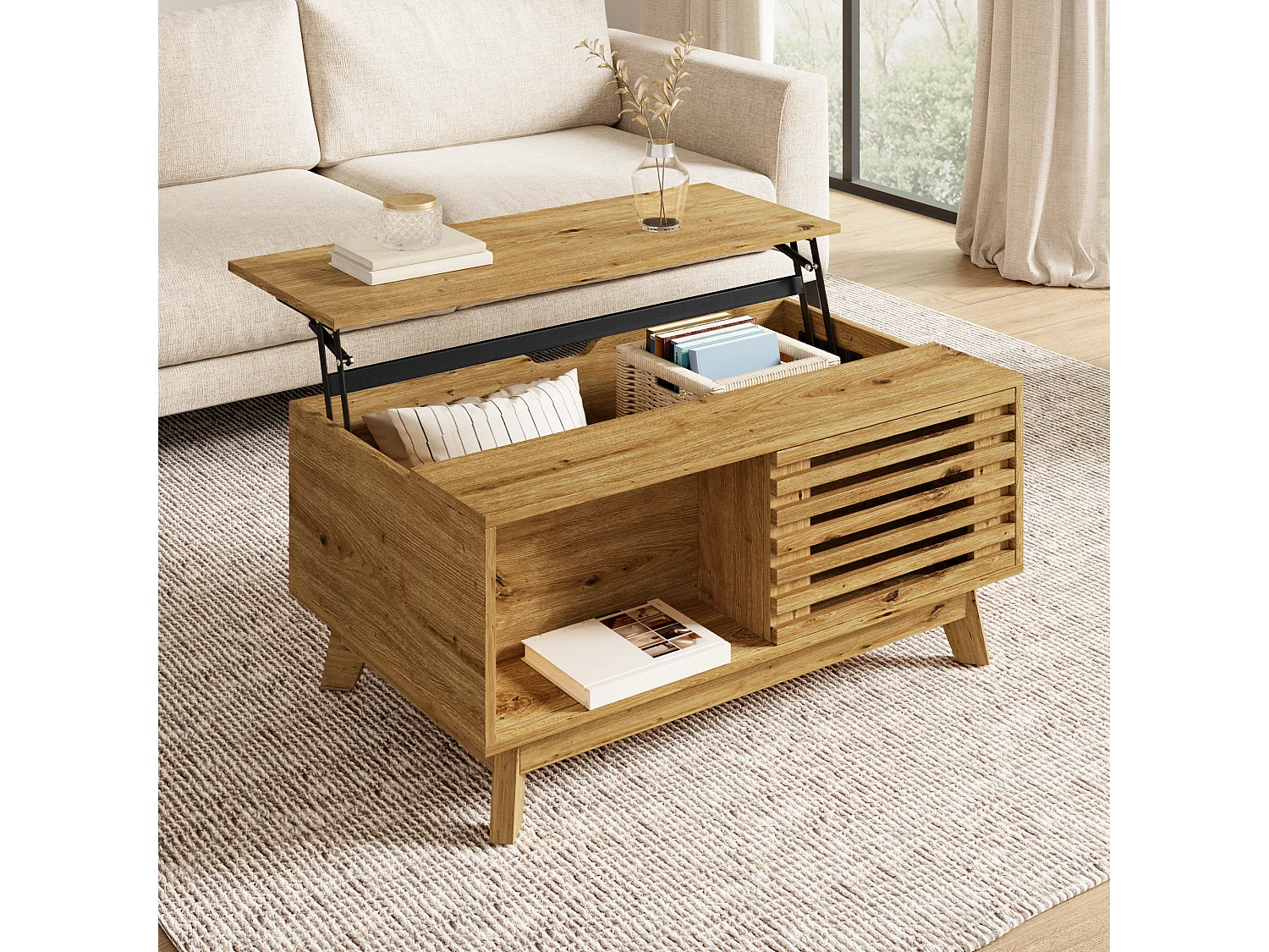 Lift-top coffee table with storage and sliding louvered door - MDF - 90 x 55 x 57.5 cm - Natural wood