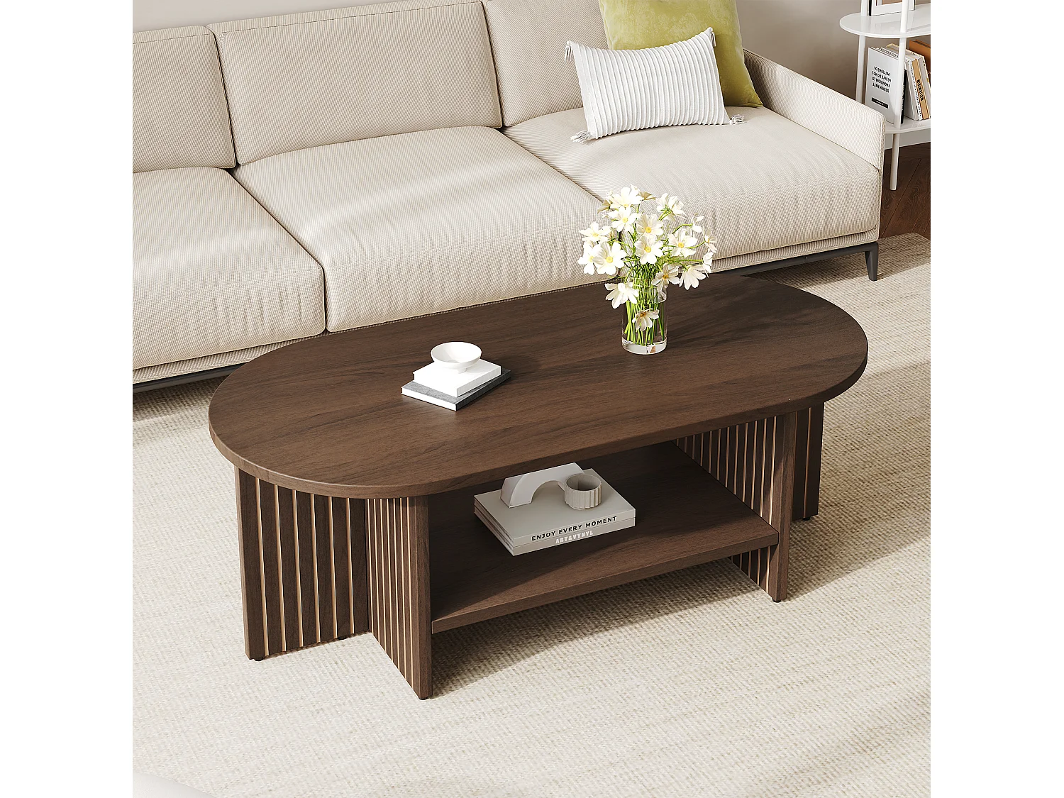 Table basse ovale avec rangement ouvert et côtés rainurés - MDF - 100 x 40 x 35 cm - Noyer