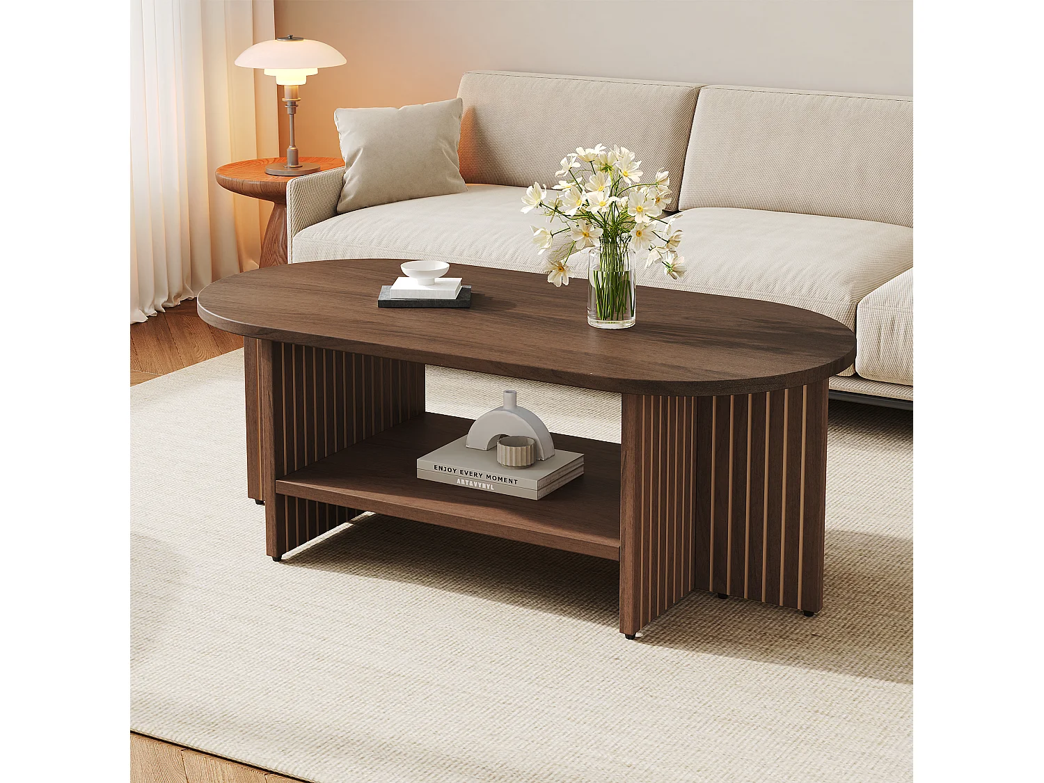 Table basse ovale avec rangement ouvert et côtés rainurés - MDF - 100 x 40 x 35 cm - Noyer