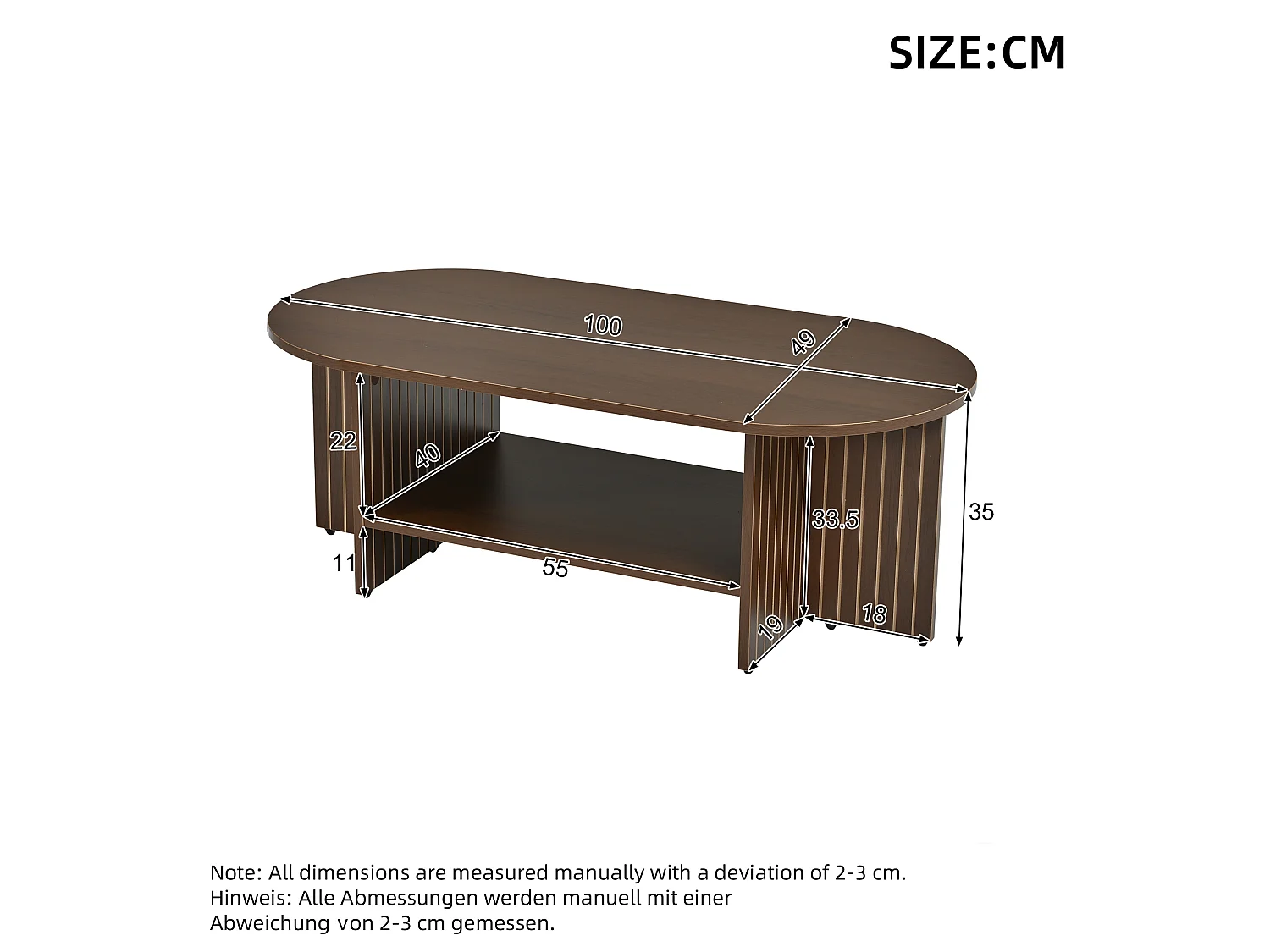 Table basse ovale avec rangement ouvert et côtés rainurés - MDF - 100 x 40 x 35 cm - Noyer
